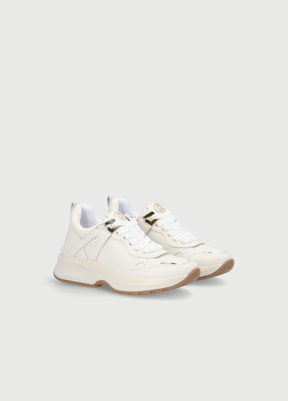 Beige Women's Liu Jo Monogram Leather Sneakers | XLQ-734098