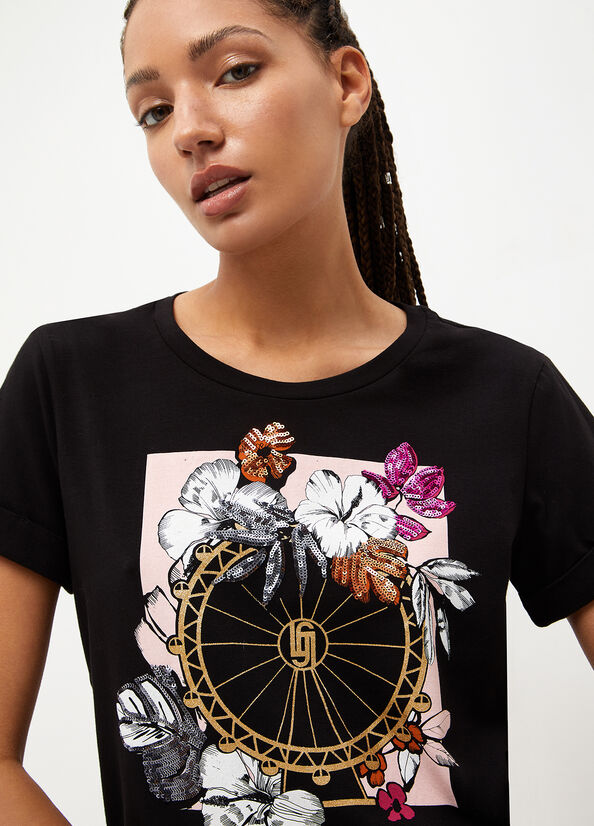 Black Women's Liu Jo Eco-Friendly With Print T Shirts | TWQ-396052