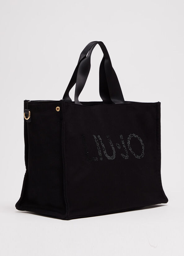 Black Women's Liu Jo In Canvas With Logo Shopper Bag | VDT-067513