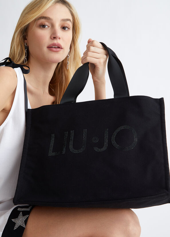 Black Women\'s Liu Jo In Canvas With Logo Shopper Bag | VDT-067513