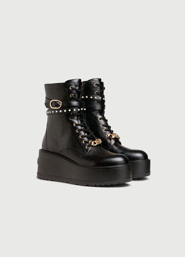 Black Women's Liu Jo Platform Combat With Jewelled Pearls Ankle Boots | VRH-307921