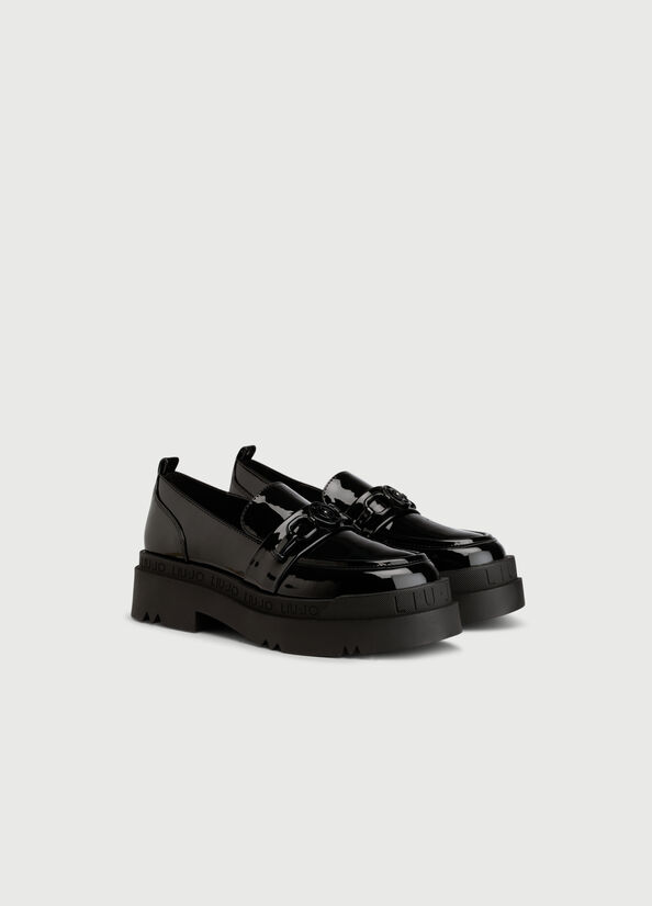 Black Women's Liu Jo Platform Moccasins In Patent Leather Flat Shoes | HLT-815760