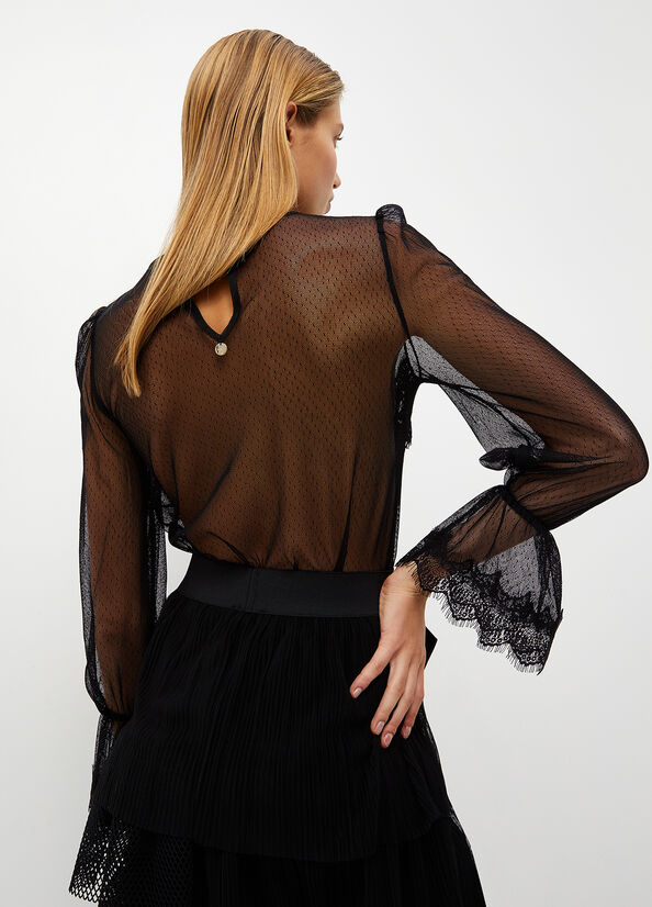 Black Women's Liu Jo Plumetis Tulle Shirts | BXI-208157