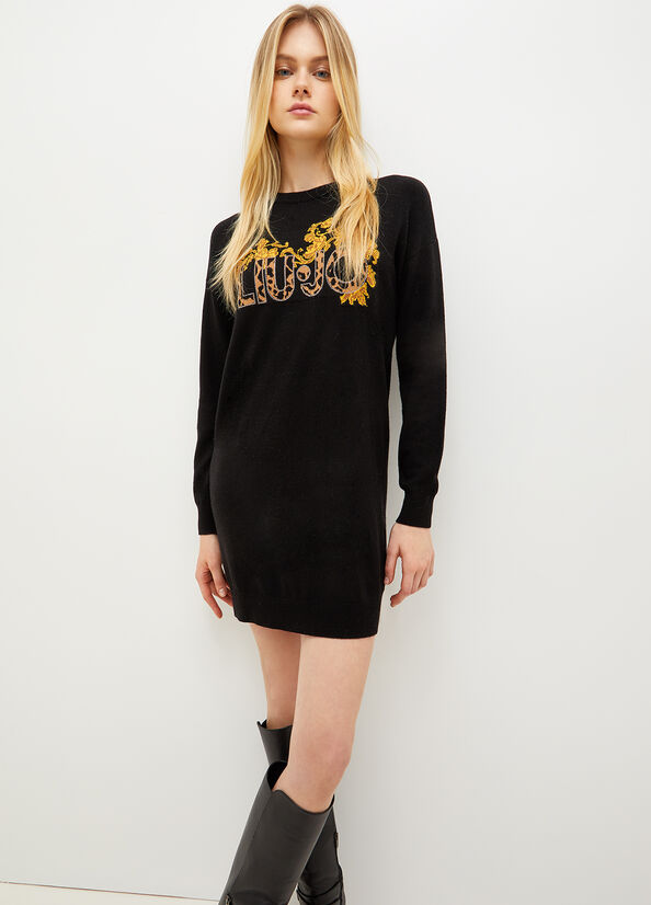 Black / Yellow Women\'s Liu Jo Knit With Logo Dress | YSL-651378