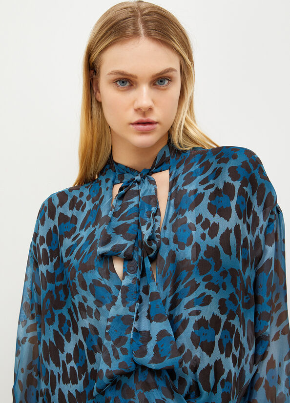 Blue Women's Liu Jo Animal-Print Chiffon Blouse Shirts | GOL-905178