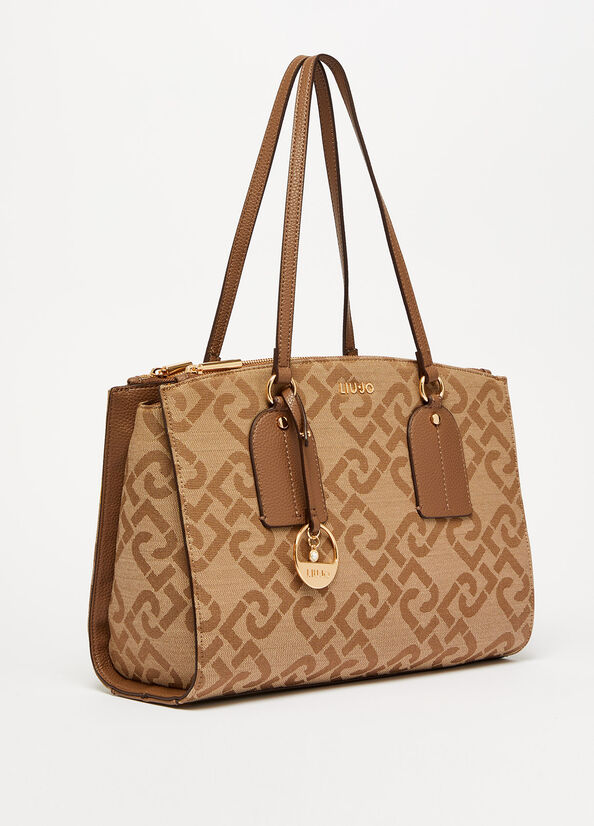 Brown Women's Liu Jo With Jacquard Logo And Charm Shoulder Bags | XPJ-039165