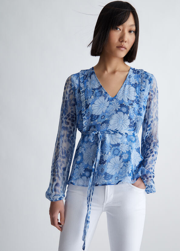 Dark Blue Women\'s Liu Jo Floral Crepon Blouse Shirts | QFA-514609