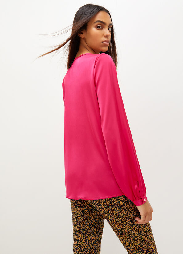 Fuchsia Women's Liu Jo Satin Blouse With Jewel Logo Shirts | QHO-908361