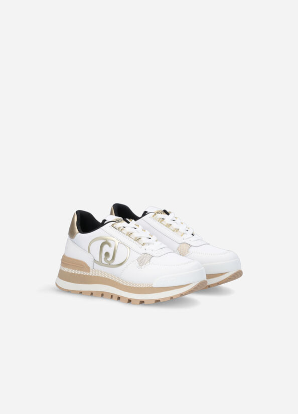 White / Gold Women's Liu Jo Leather And Nylon Sneakers | LXJ-862940