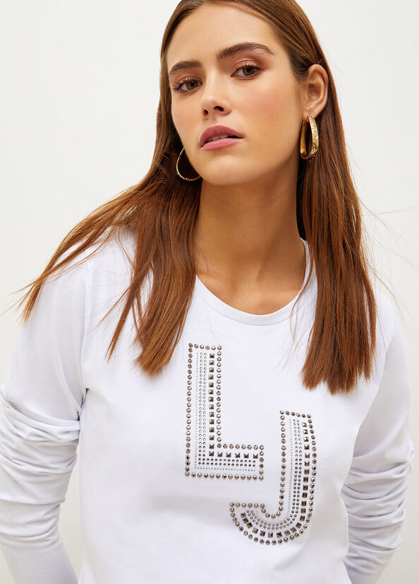 White Women's Liu Jo With Logo And Gemstones T Shirts | AQJ-516239