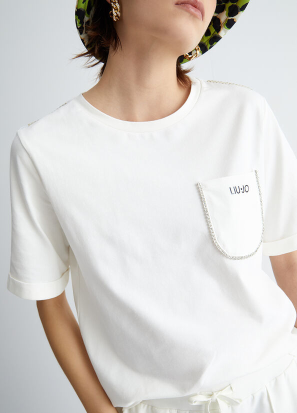 White Women's Liu Jo With Pocket And Rhinestones T Shirts | PNV-748529