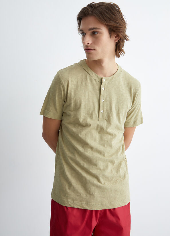 Beige Men's Liu Jo Cotton Henley T Shirts | XNW-614280