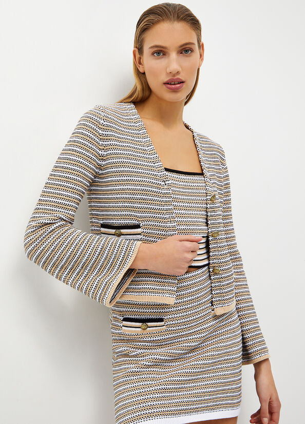 Beige Women's Liu Jo Striped Crochet Cardigan Sweaters | RNX-549617