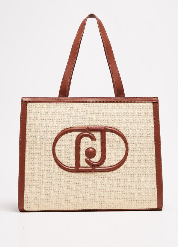 Beige Women's Liu Jo WovenWith Logo Shopper Bag | NSR-106827