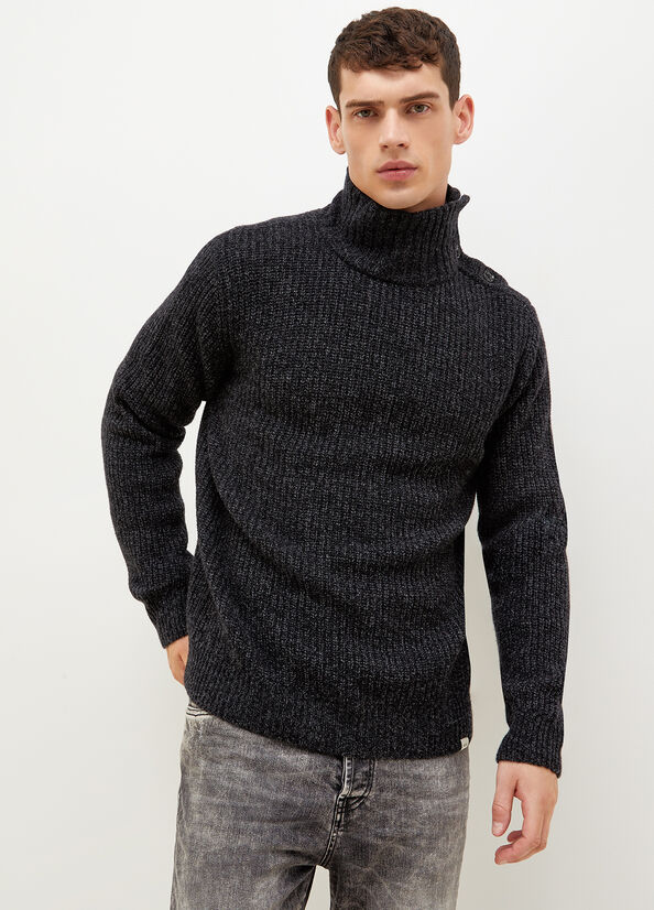 Black Men's Liu Jo Turtleneck With Logo Buttons Sweaters | RBN-792605