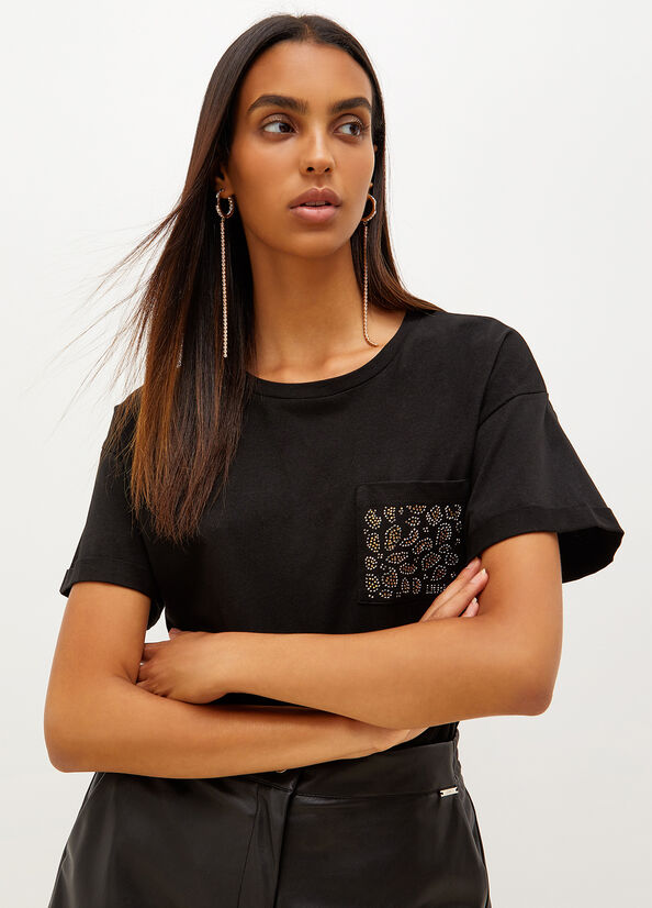 Black Women's Liu Jo Cotton With Rhinestones T Shirts | NEP-921347