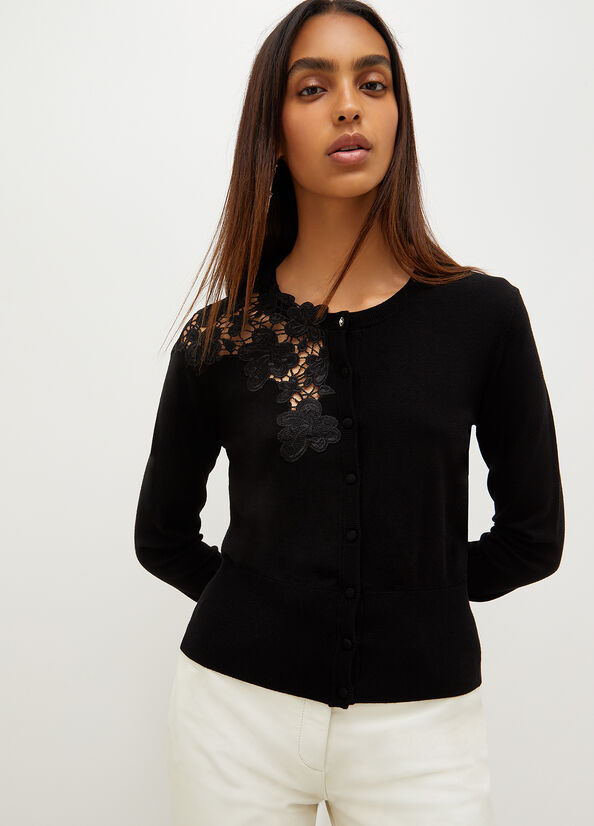 Black Women's Liu Jo Eco-Friendly Cardigan With Lace Inlay Sweaters | QPA-932017