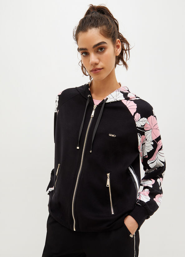 Black Women's Liu Jo Hooded With Floral Print Sweatshirts | BDH-154279