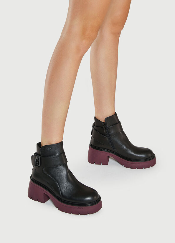 Black Women's Liu Jo Leather With Logo Ankle Boots | IOJ-041892