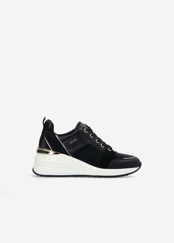 Black Women's Liu Jo Leather With Wedge Sneakers | PTI-274931