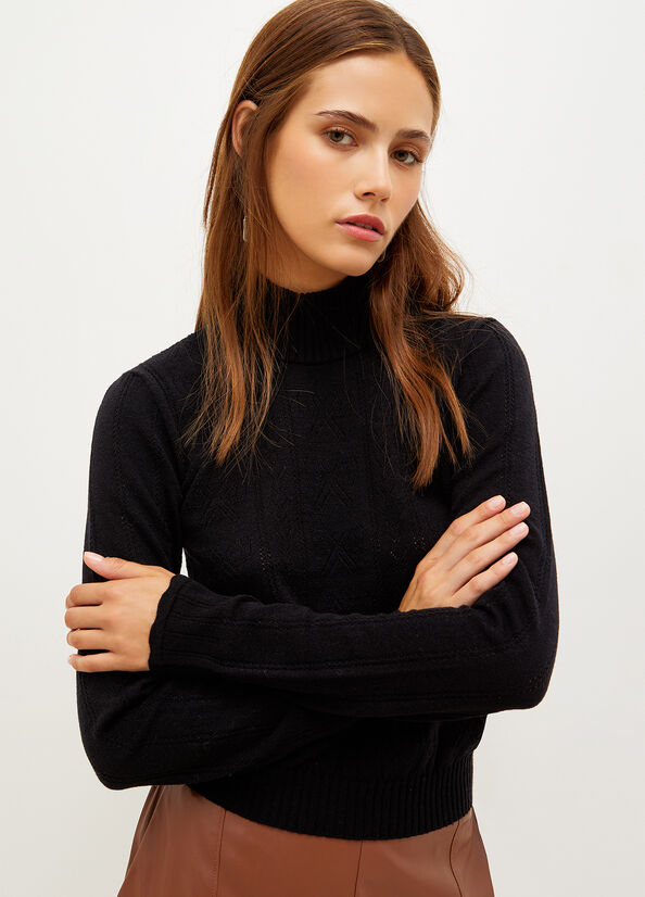 Black Women's Liu Jo Mock Turtleneck With Penwork Pattern Sweaters | ATE-416873