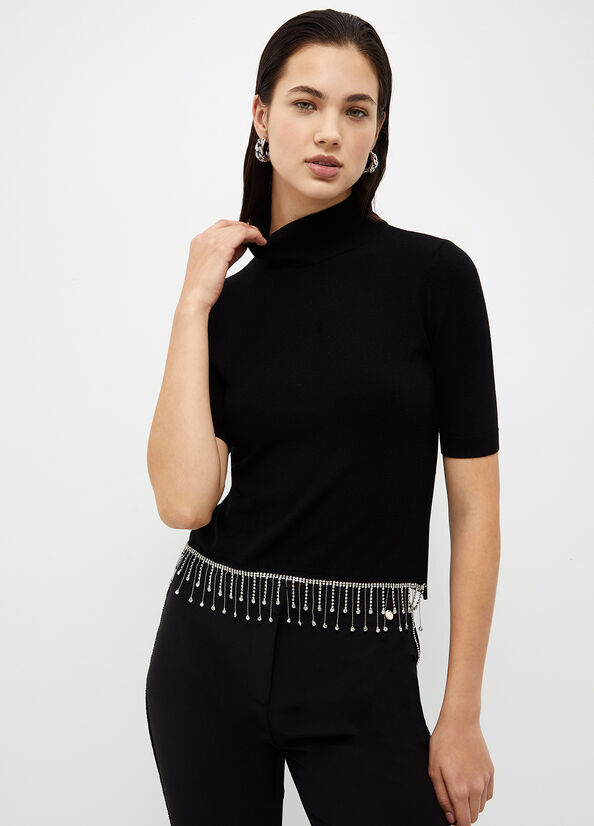 Black Women's Liu Jo Mock Turtleneck With Jewel Fringes Sweaters | URS-940725