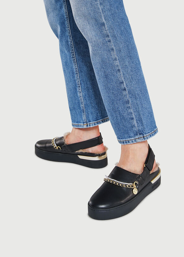 Black Women's Liu Jo Sabots With Jewel Chain Flat Shoes | VNT-158306