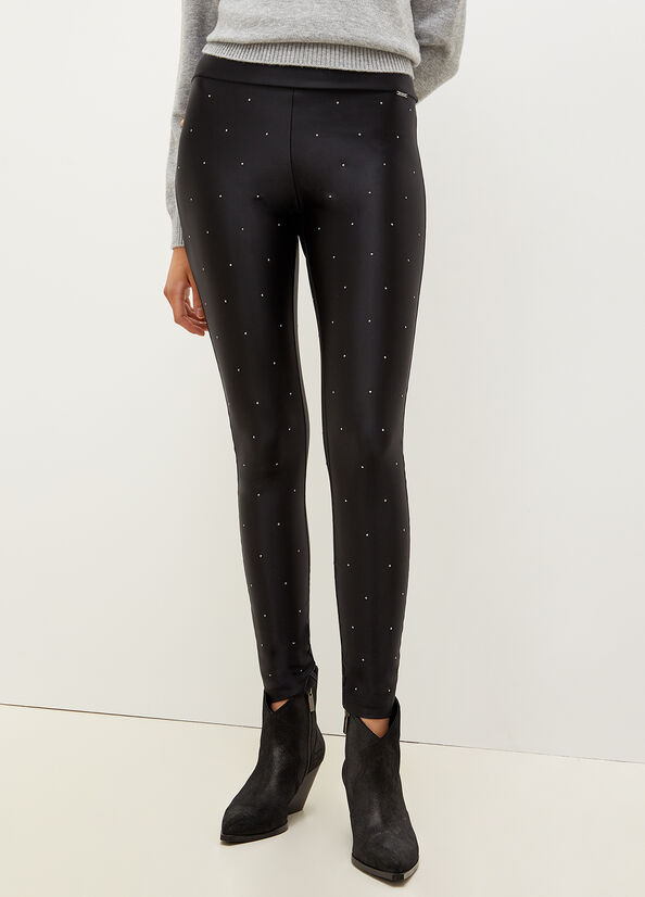 Black Women's Liu Jo Stretch Jersey Leggings With Rhinestones Pants | MUX-023671