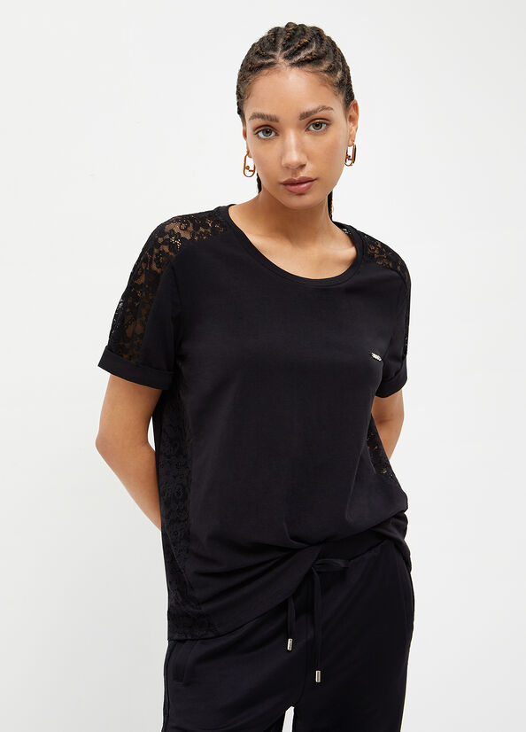 Black Women's Liu Jo With Lace Details T Shirts | GNH-051493