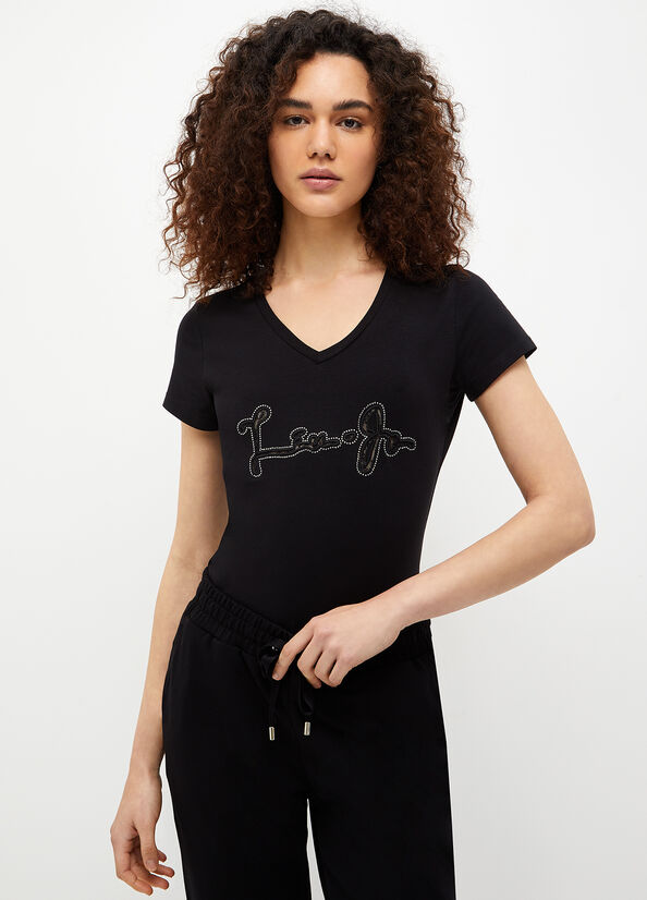 Black Women's Liu Jo With Logo And Gemstones T Shirts | RGT-176095