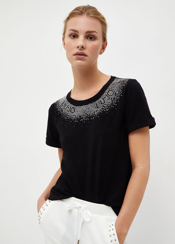 Black Women's Liu Jo With Rhinestones T Shirts | HEB-839701