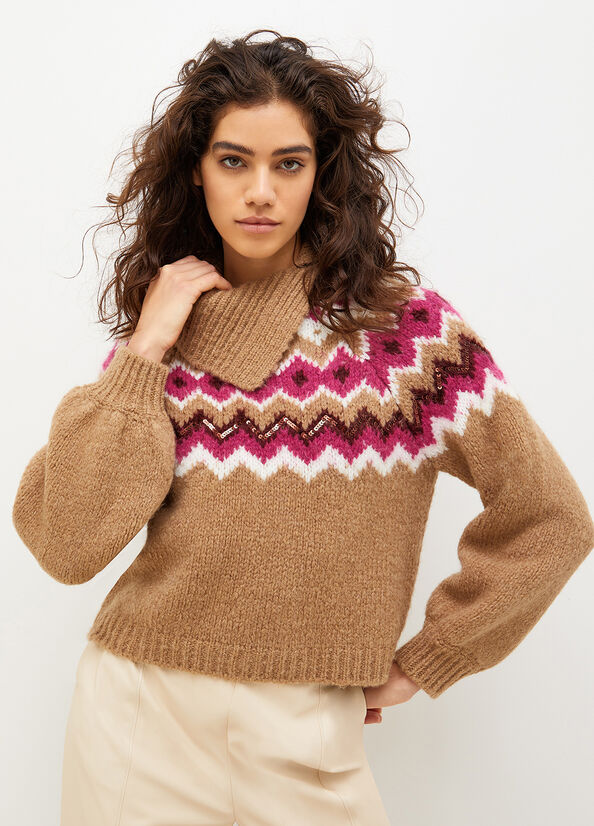 Brown Women's Liu Jo Chevron With Sequins Sweaters | JGQ-683470