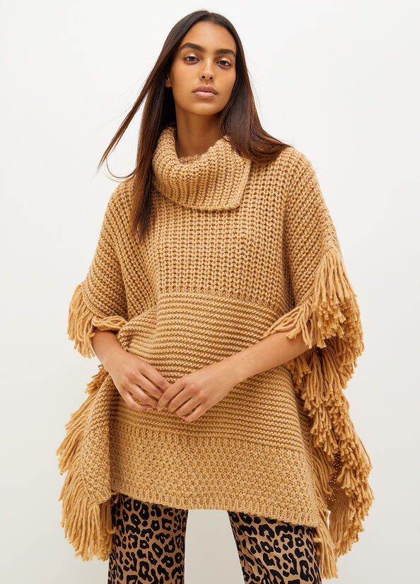 Brown Women's Liu Jo Knit Cape With Fringes Coats | XIP-719564