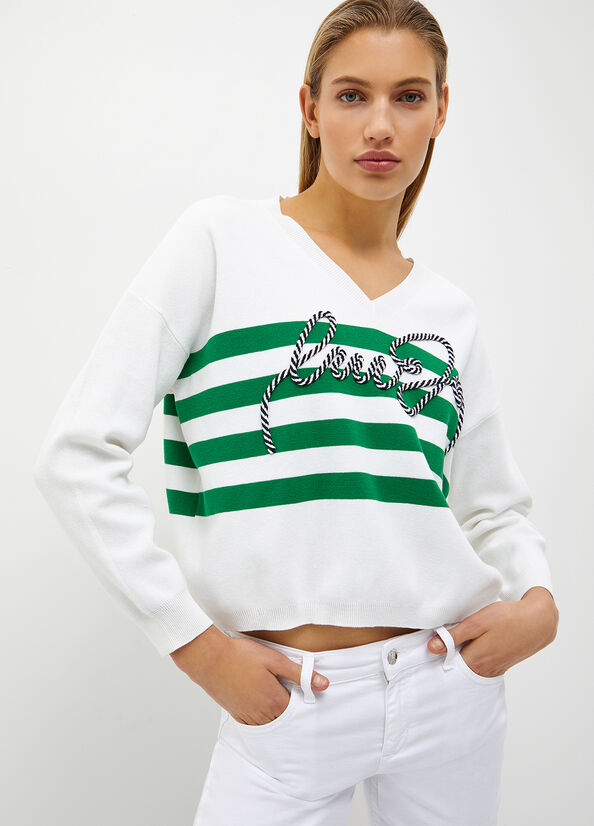 Green Women's Liu Jo Striped With Cord Logo Sweaters | PUY-057281