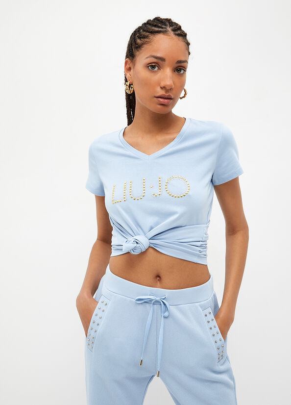 Light Blue Women's Liu Jo With Logo And Studs Tops | CHQ-890643