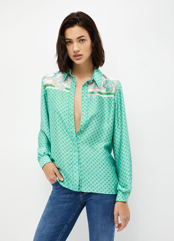 Light Turquoise Women's Liu Jo Printed Satin Shirts | ADK-516290