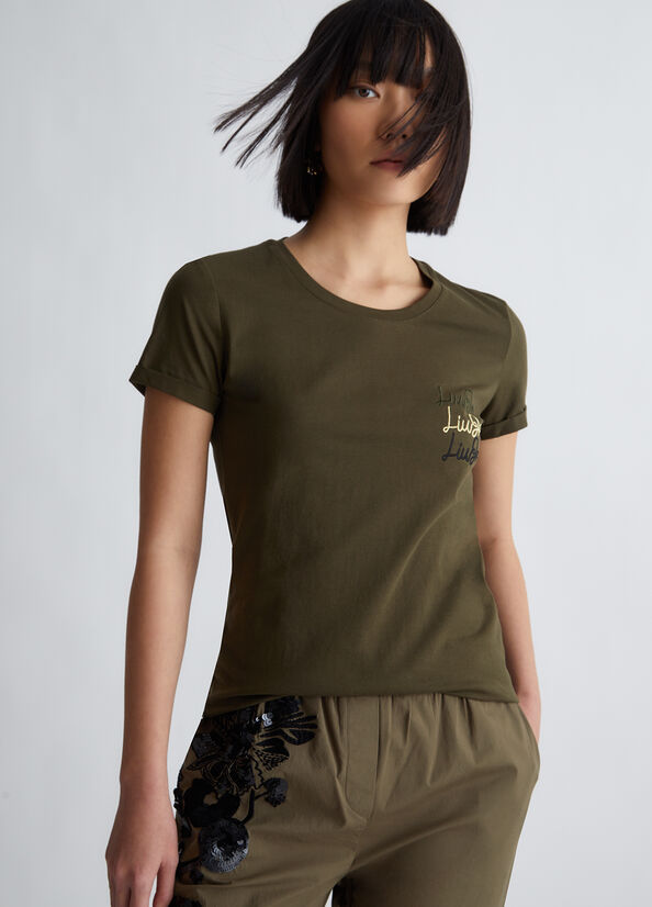 Olive Women's Liu Jo Cotton With Logo Tops | LRB-046397