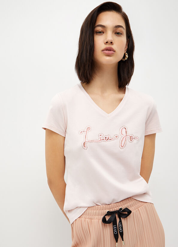 Pink Women's Liu Jo With Logo And Lace T Shirts | CBF-789324