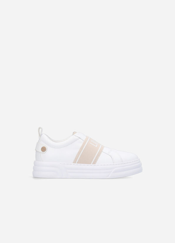 White / Beige Women's Liu Jo Slip Ons With Maxi Logo Sneakers | KEV-458713