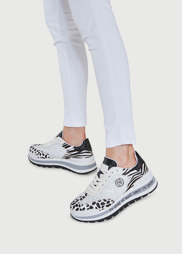 White / Black Women's Liu Jo Glitter With Animal-Print Sneakers | QKE-537068