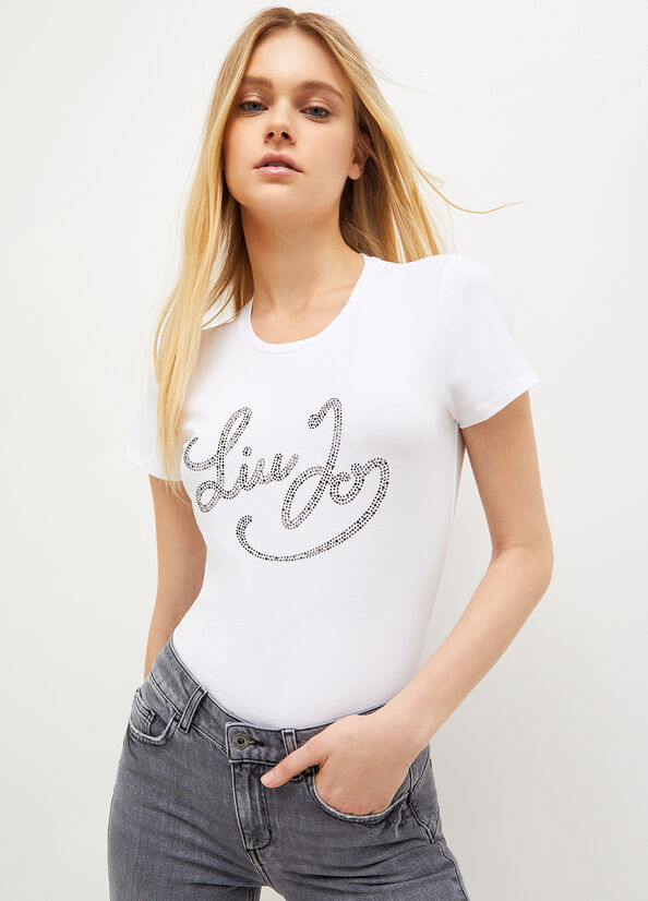 White / Black Women's Liu Jo Stretch Cotton With Logo T Shirts | TPC-231970