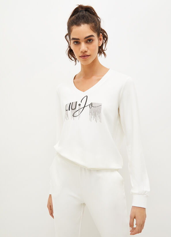 White Women's Liu Jo Eco-Friendly With Logo And Gemstones Sweatshirts | DLX-321857