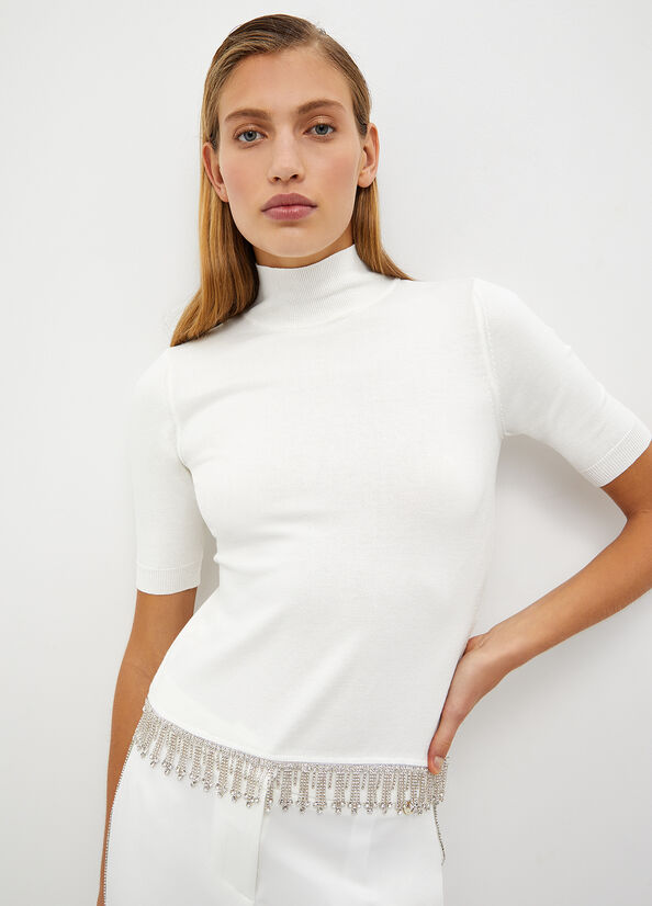 White Women's Liu Jo Mock Turtleneck With Jewel Fringes Sweaters | HVZ-065918