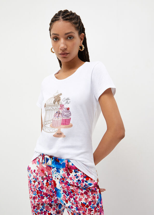 White Women's Liu Jo With Cage & Cupcake Print Tops | CAU-165048