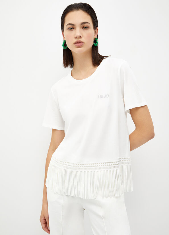 White Women's Liu Jo With Fringes T Shirts | XPI-795321