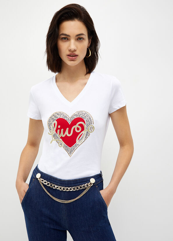 White Women's Liu Jo With Heart And Logo Tops | EQL-435092