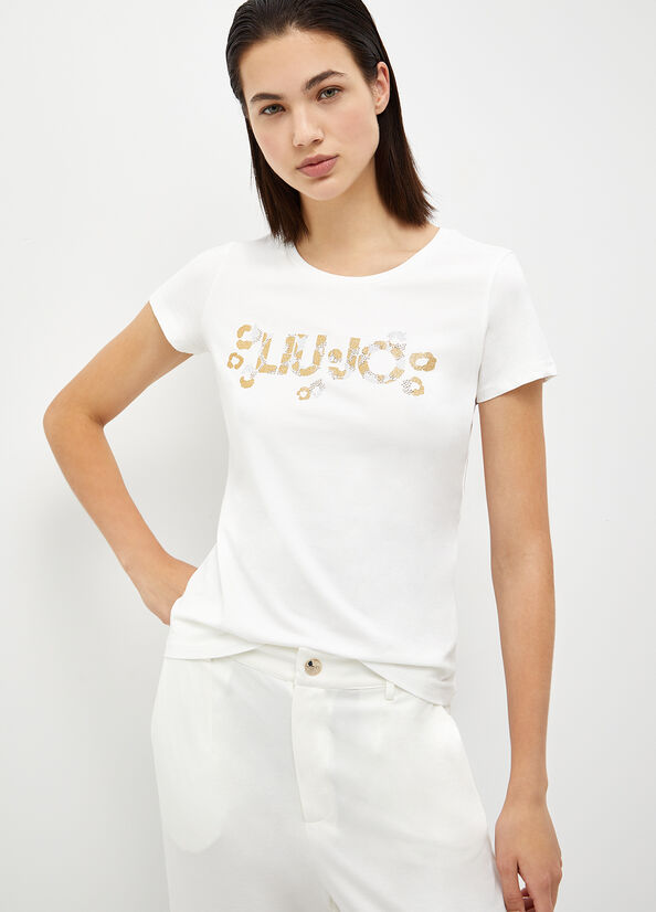 White Women's Liu Jo With Logo And Gemstones T Shirts | ZBC-807693